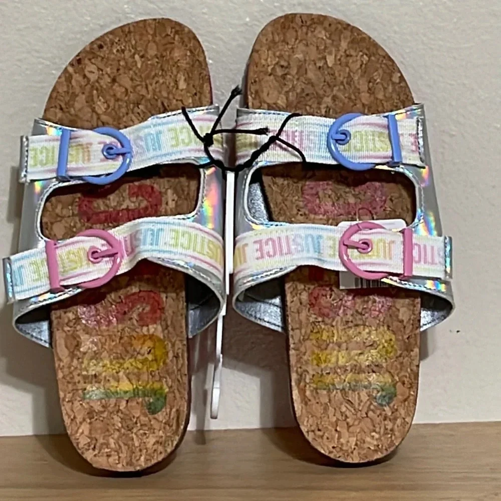 Justice Girls Size 5 Slip On Footbed Sandal Slide New Multicolor
